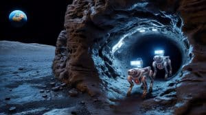 Illustration de chiens-robots explorant des tunnels lunaires pour préparer de futures bases spatiales.