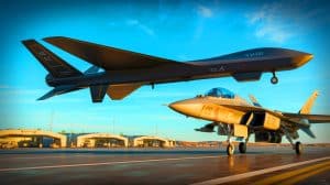 Illustration de pilotes de l'US Air Force s'entraînant avec le drone autonome XQ-58 Valkyrie guidé par l'intelligence artificielle.