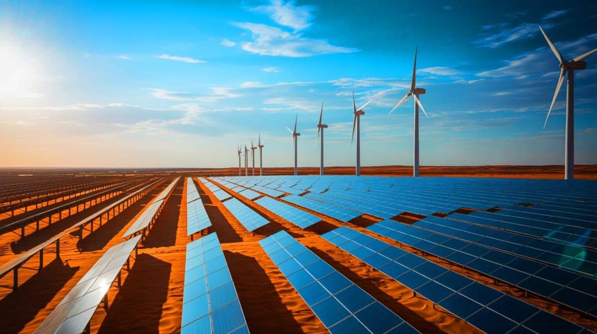 « Ce projet va tout changer » : un gigantesque parc solaire et éolien prépare une révolution mondiale de l’énergie verte Illustration de l'implantation massive de panneaux solaires et d'éoliennes du projet Western Green Energy Hub en Australie.