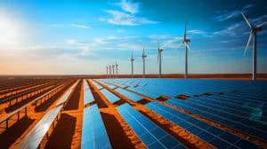 Illustration de l'implantation massive de panneaux solaires et d'éoliennes du projet Western Green Energy Hub en Australie.