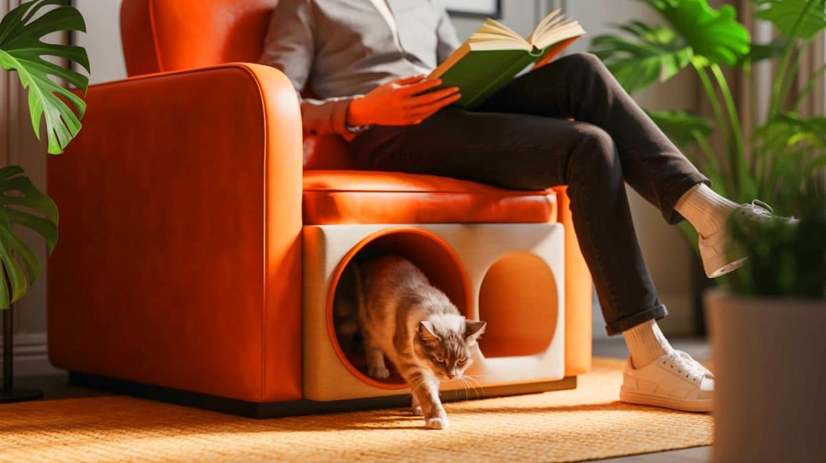 « Il ne le quitte plus » : ce fauteuil design cache un tunnel secret pour chats (et les propriétaires en raffolent déjà) Illustration de l'innovation du Tunnel Armchair, un fauteuil design combiné à un tunnel pour chats.