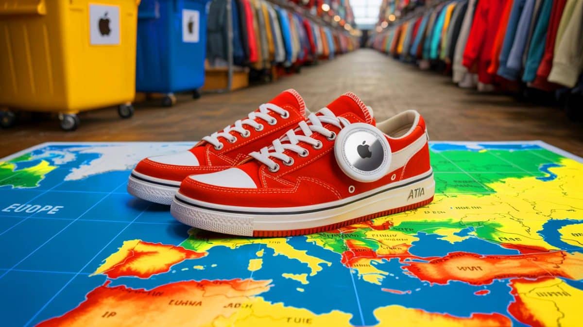 « On nous ment sur nos dons » : cette expérience avec un simple AirTag révèle ce que deviennent vraiment vos vêtements offerts (et c’est glaçant) Illustration de baskets suivies par un AirTag pour révéler le parcours des dons caritatifs.