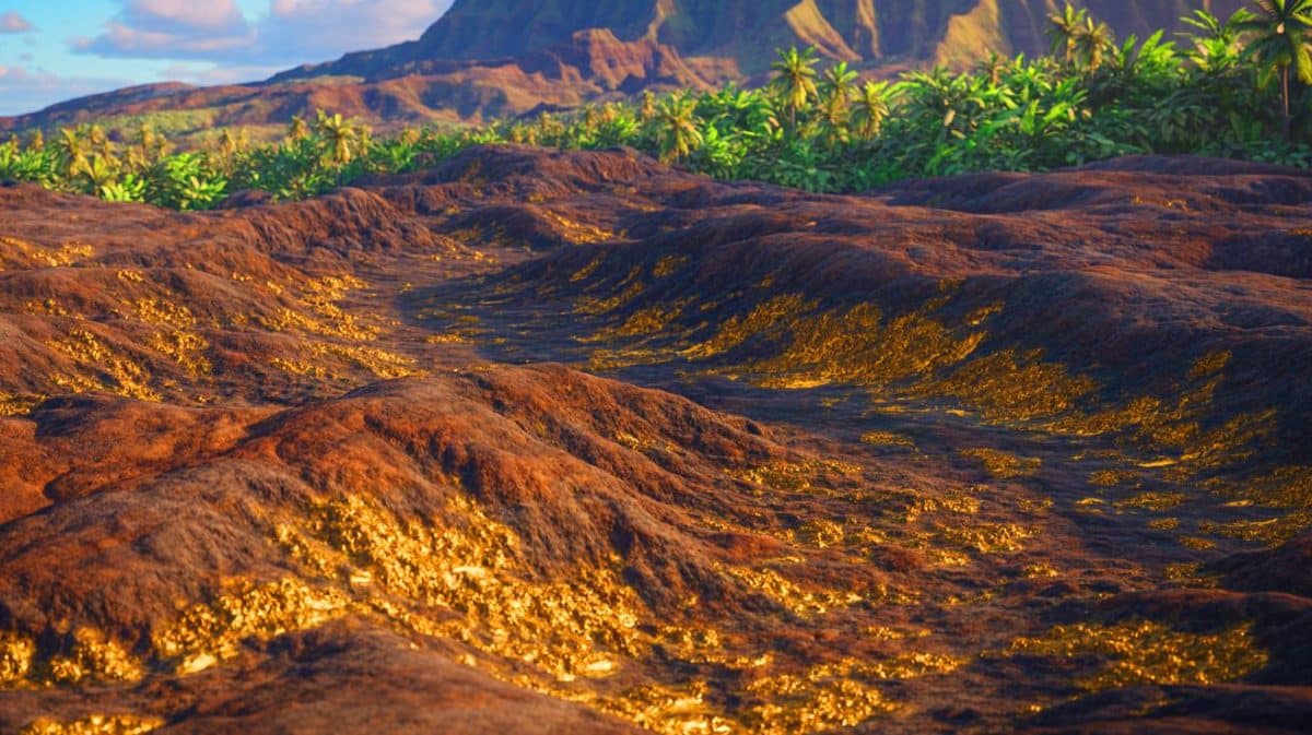 Illustration de la découverte d'un immense gisement d'or à Hawaï et ses implications économiques et environnementales.