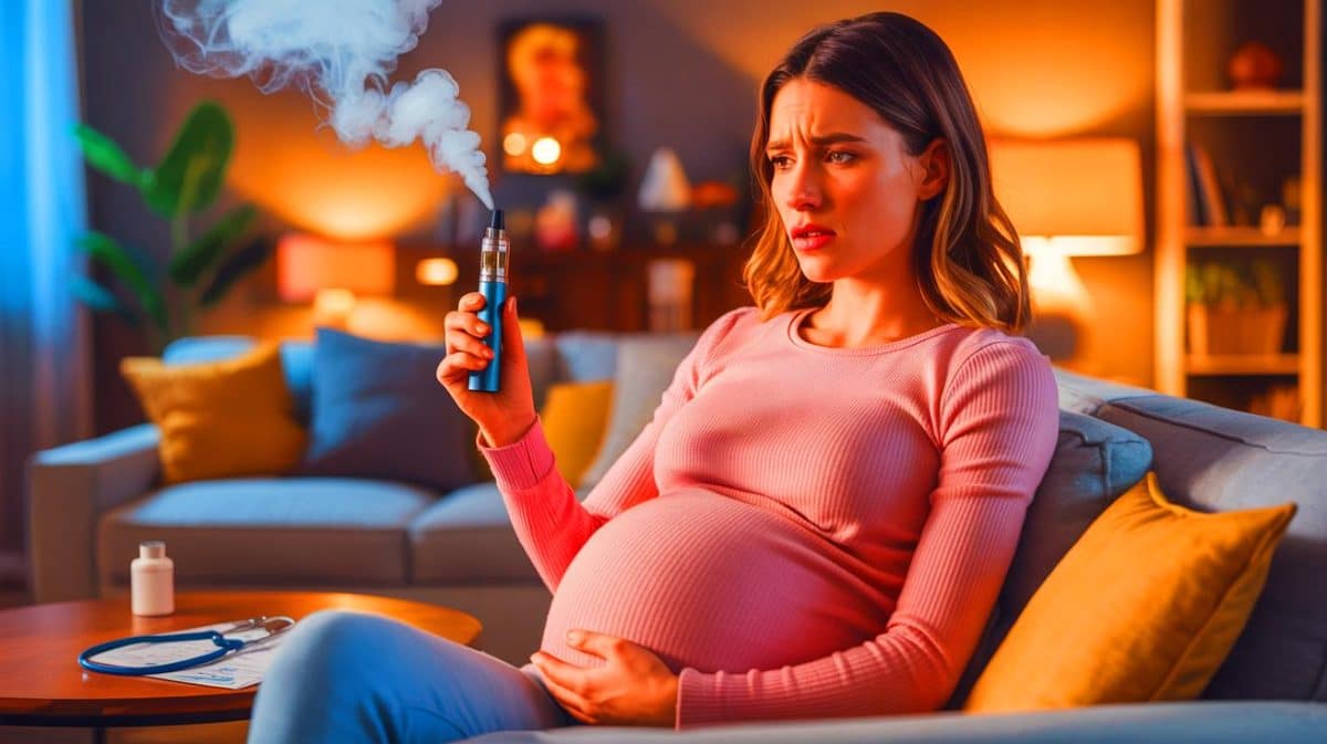 Les scientifiques alertent : les dangers méconnus de la cigarette électronique pour les femmes enceintes Illustration de l'impact potentiel du vapotage sur le développement fœtal pendant la grossesse.