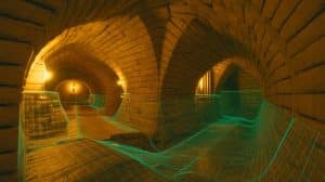 Illustration de la découverte de tunnels souterrains sous le château Sforza, révélés par les dessins de Léonard de Vinci.