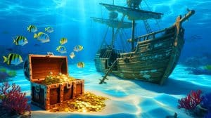 Illustration de la découverte d'une épave de pirate au large de Madagascar révélant un trésor inestimable.