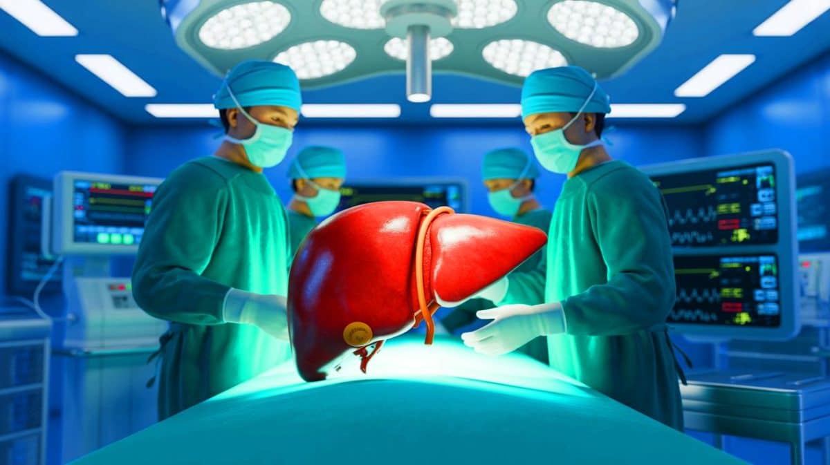 Illustration de la première transplantation d'un foie de porc génétiquement modifié chez un patient vivant en Chine.