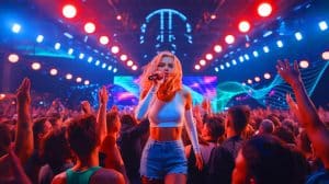 Illustration de Taylor Swift lors d'un concert, au cœur d'une polémique sur l'utilisation de l'intelligence artificielle dans ses vidéos.
