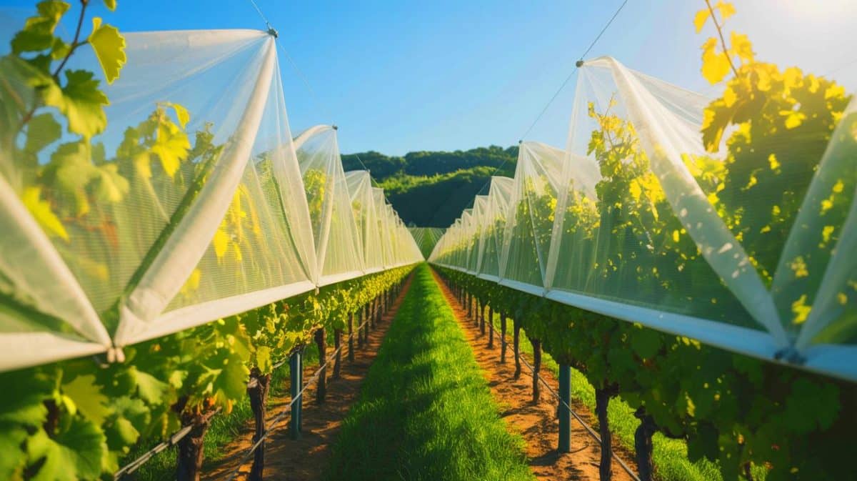 Illustration de la protection des vignes contre les intempéries et les maladies grâce au système Viti-Tunnel.