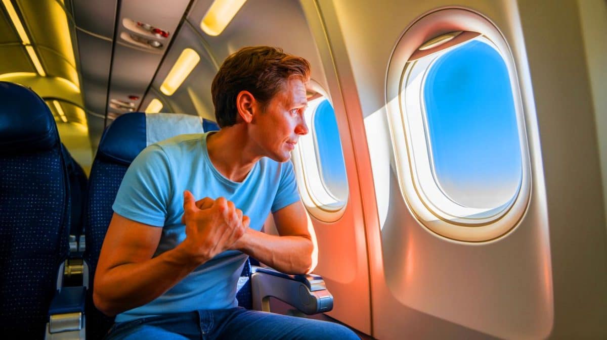 Surmontez votre peur de l’avion : 8 astuces pour des voyages sereins et apaisés Illustration de la gestion de la peur de l'avion par des méthodes apaisantes et sécurisantes.