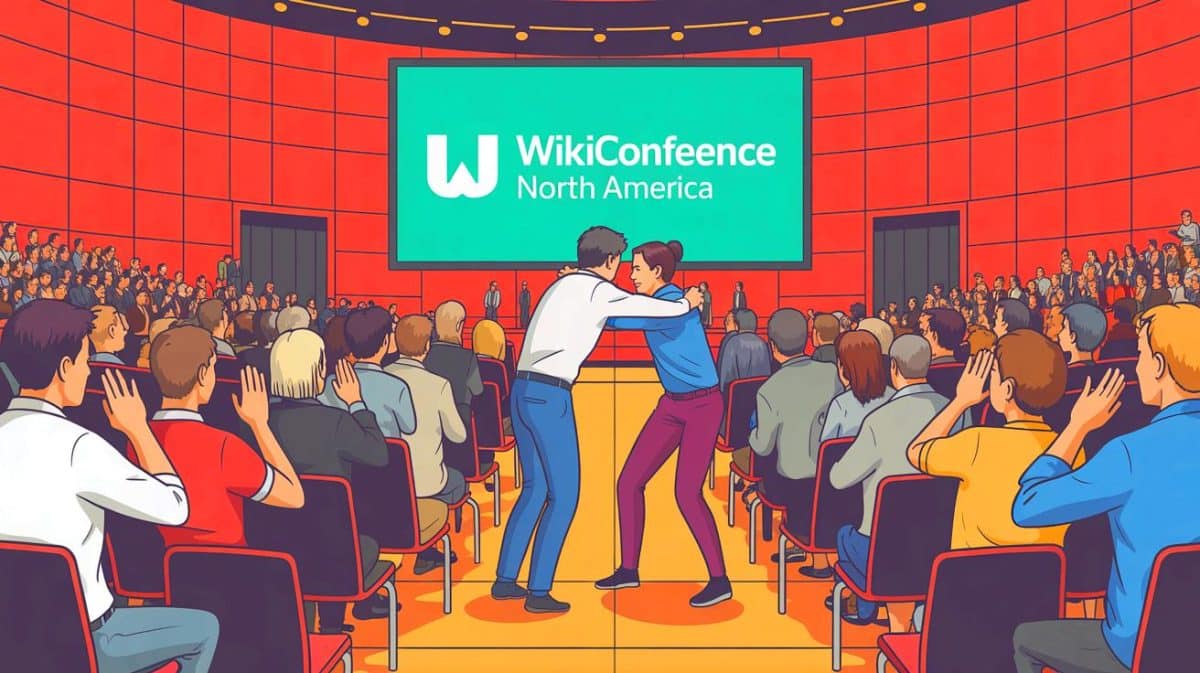 Illustration de l'intervention de bénévoles lors de l'incident armé à la WikiConference North America.