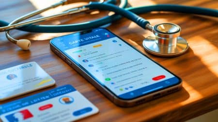 Ajouter sa carte vitale sur téléphone : découvrez comment simplifier vos démarches médicales avec France Identité Illustration de la carte Vitale dématérialisée sur smartphone pour simplifier l'accès aux soins en France.