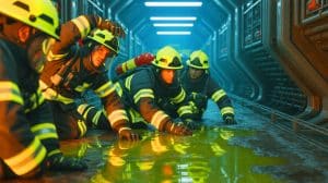 Illustration de l'incident impliquant des pompiers brûlés par un agent chimique dans les tunnels de The Boring Company.