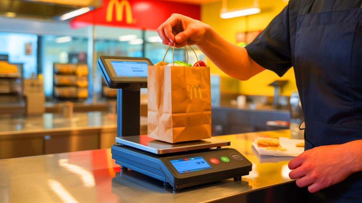 La balance connectée de McDonald’s : une innovation pour ne plus jamais oublier vos délicieuses potatoes Illustration de la balance intelligente de McDonald's développée pour vérifier la complétude des commandes.