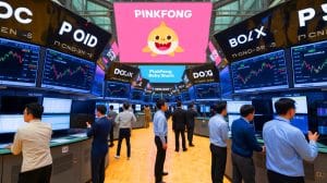 Illustration de l'entrée en Bourse de la société sud-coréenne Pinkfong, créatrice du tube mondial « Baby Shark Dance ».