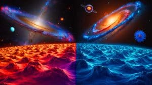 Le Milieu des Infinis Calculé : Découvrez ce que cela Révèle sur notre Compréhension de l’Univers Illustration de la place de l'humanité entre l'infiniment petit et l'infiniment grand dans le cosmos.