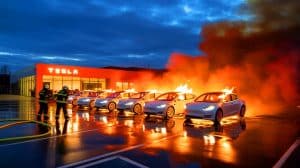 Illustration de l'incendie de 24 voitures Tesla dans une concession près de Marseille.