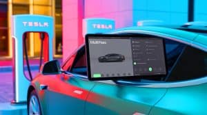 Illustration de la fonctionnalité MultiPass de Tesla facilitant la recharge des voitures électriques en France.