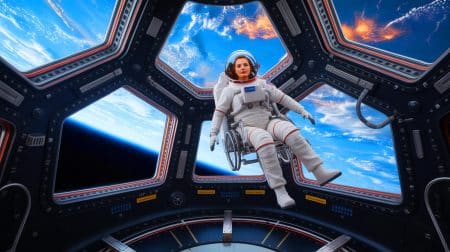 Illustration de Michaela Benthaus, première personne paraplégique à voyager dans l'espace avec Blue Origin.