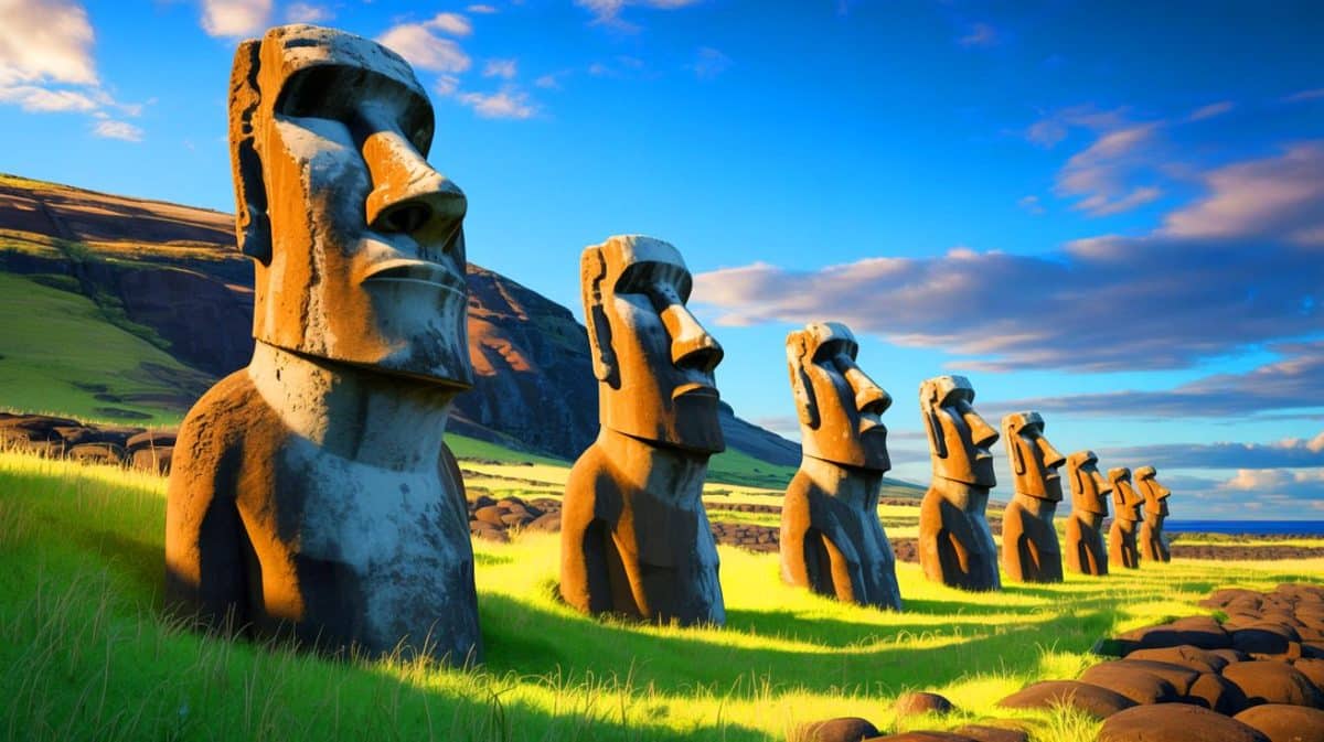 Île de Pâques : des découvertes récentes lèvent le voile sur l’énigme fascinante du Pacifique Illustration de l'Île de Pâques avec ses célèbres statues Moaï, témoins de l'ingéniosité des Rapanui.