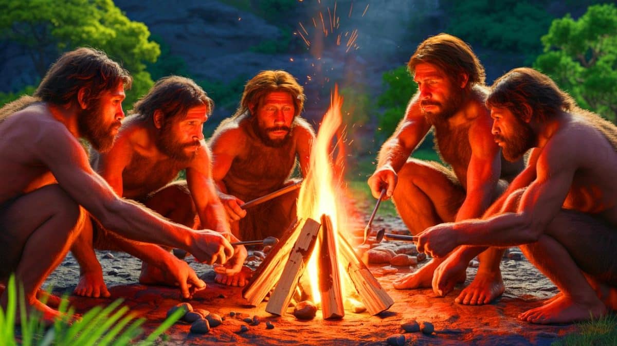La maîtrise du feu par l’humanité révélée plus ancienne : une découverte qui réécrit notre histoire Illustration de la maîtrise précoce du feu par les Néandertaliens il y a 400 000 ans.