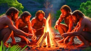 Illustration de la maîtrise précoce du feu par les Néandertaliens il y a 400 000 ans.