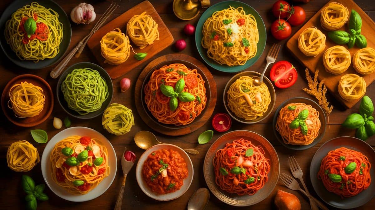Les pâtes : un voyage fascinant à travers 4 000 ans d’histoires et de surprises culinaires inattendues Illustration de l'histoire mondiale et diversifiée des pâtes à travers les âges.