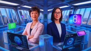 Illustration de Lisa Su et Fei-Fei Li, deux figures emblématiques de l'intelligence artificielle mises à l'honneur par TIME Magazine.