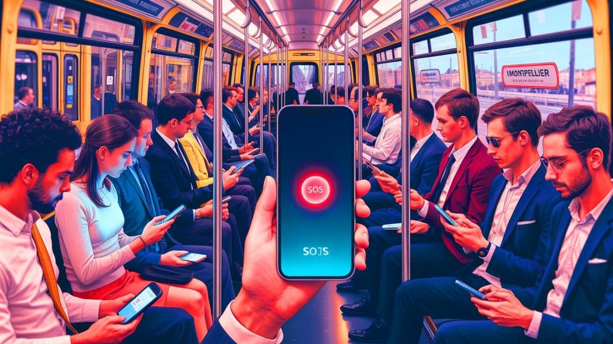 Un bouton SOS discret pour femmes : alertez la police et partagez votre localisation en un geste Illustration de l'innovation sécuritaire dans les transports en commun de Montpellier avec le bouton SOS intégré à l'application.